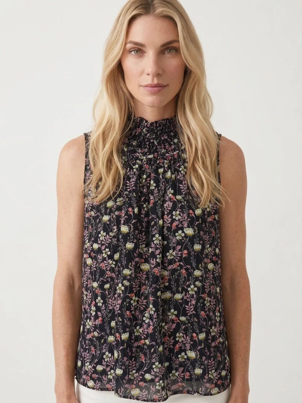 REBECCA TAYLOR | Silk Sleeveless Floral Smocked Mock Neck Top Women’s Size 8